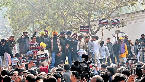 BJP leaders stage protest outside AAP office in Delhi on Friday.