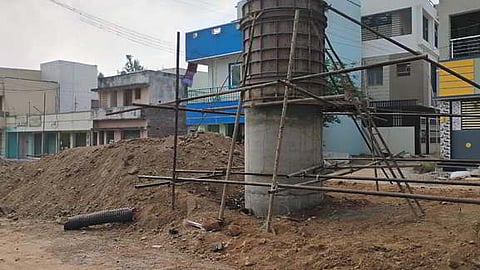 A picture of the broken UGD lines damaged during the construction of the railway bridge in Bharathipuram.