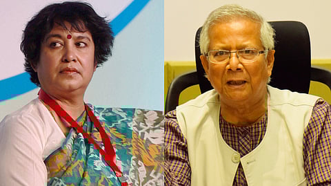 Exiled Bangladeshi writer Taslima Nasrin (L) and Chief Adviser to the interim Bangladesh government Muhammad Yunus (R).