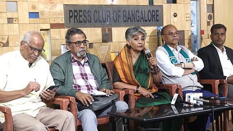 Tara Rao, Central Working Group member speaks during a press conference by Citizens Initiative for Peace-Bangalore. urging CM to withdraw cases against Naxal activists and complete pending rehabilitation works for former naxals, in Bengaluru on Thursday.