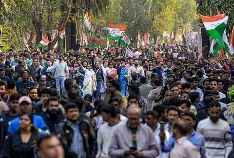 West Bengal Chief Minister and Trinamool Congress (TMC) chief Mamata Banerjee leads a protest march accompanied by party leaders and others against the Enforcement Directorate's searches linked to political consultancy firm I-PAC, in Kolkata, Friday, Jan. 9, 2026.