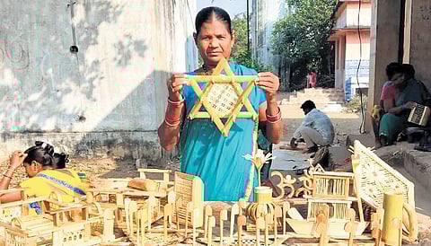 Tribal women of Naikapugudem tribal villages taking training on the bamboo preparations in Jannaram mandal in the district.