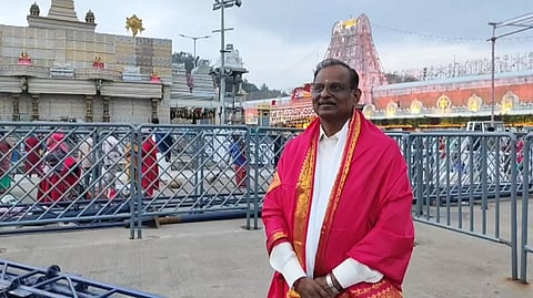 ISRO Chairman V Narayanan visited the Tirupati temple on Saturday.