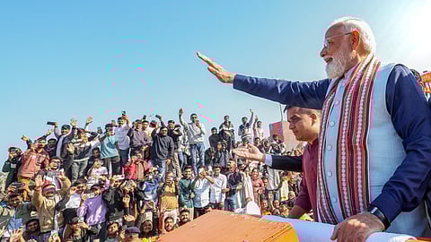 Prime Minister Narendra Modi during the Shaurya Yatra procession as part of Somnath Swabhiman Parv, in Somnath, Gujarat.