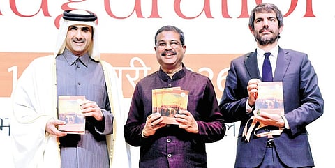 Union minister Dharmendra Pradhan releasing ‘The Saga of Kudopali’ book in the presence of Qatari Culture minister Abdulrahman bin Hamad bin Jassim bin Hamad Al Thani and Spain Culture minister Ernest Urtasun i Domenech in New Delhi.
