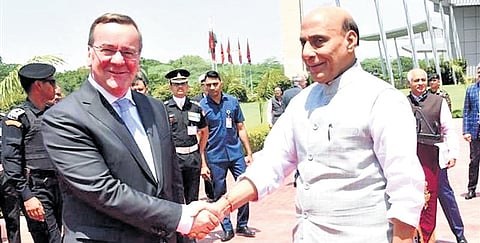 Defence Minister Rajnath Singh with his German counterpart Boris Pistorius