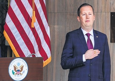 Sergio Gor during a press meet at the US Embassy in New Delhi on Monday.