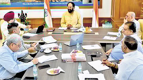 Irrigation Minister N Uttam Kumar Reddy during a review meeting on SLBC works at the Secretariat on Sunday.