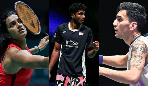 P V Sindhu (L), Ayush Shetty (C) and Lakshaya Sen