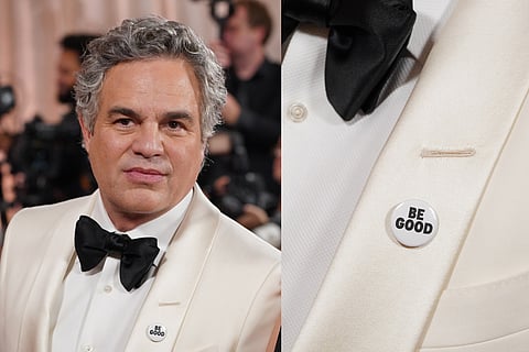 Mark Ruffalo, wearing a "Be Good" pin, arrives at the 83rd Golden Globes on Sunday, Jan. 11, 2026, at the Beverly Hilton in Beverly Hills, California