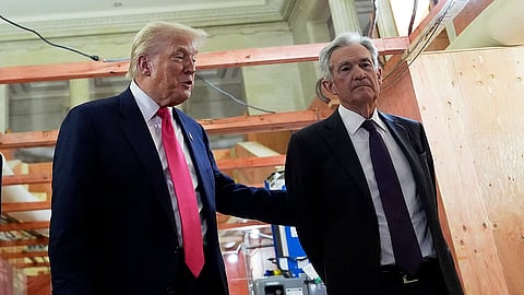 US President Donald Trump, left, speaks with Federal Reserve Chairman Jerome Powell during a visit to the Federal Reserve, Thursday, July 24, 2025, in Washington.