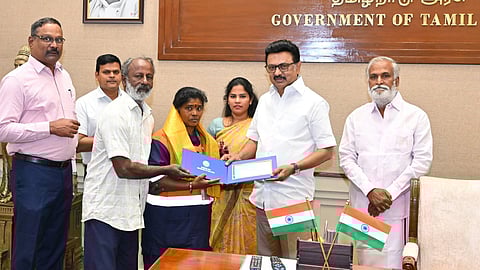 Greater Chennai Corporation sanitation worker Padma being honoured by CM MK Stalin.