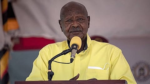 Ugandan President Yoweri Museveni addresses the media after being nominated as a Presidential candidate for his seventh term in office at the electoral commission offices in Wakiso on September 23, 2025.