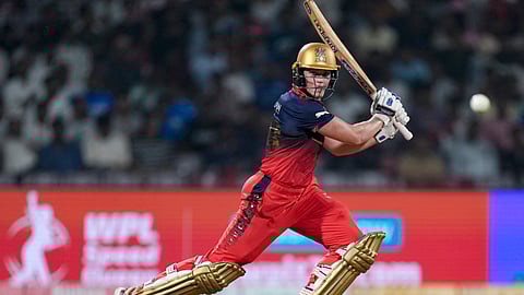 Royal Challengers Bengaluru's Grace Harris plays a shot during the Women's Premier League (WPL) T20 match between Royal Challengers Bengaluru and UP Warriorz at the DY Patil Stadium in Navi Mumbai (Photo | PTI)