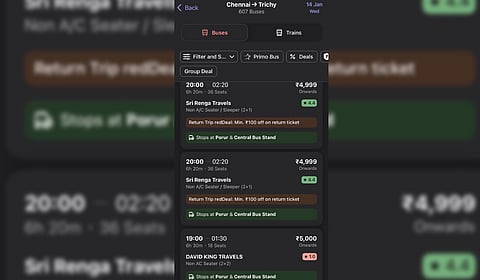 Screenshot of travel operators fare