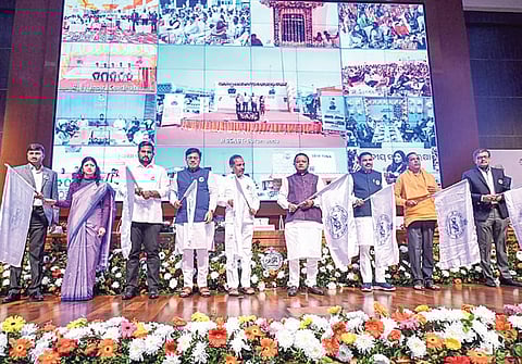 CM Mohan Charan Majhi, ministers and officials flagging off various projects and initiatives for transport and road safety at a function on Monday