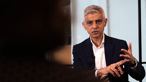 Mayor of London Sadiq Khan speaks during an interview in London, Monday, Jan. 12, 2026.