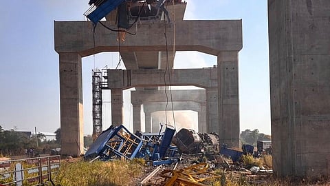 This photo released from the State Railway of Thailand, shows a scene after a construction crane fell into a passenger train in Nakhon Ratchasima province, Thailand, Wednesday, Jan. 14, 2026.