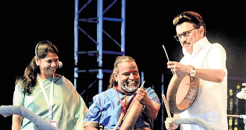 Chief Minister MK Stalin playing the parai at the Chennai Sangamam - Namma Ooru Thiruvizha on Wednesday