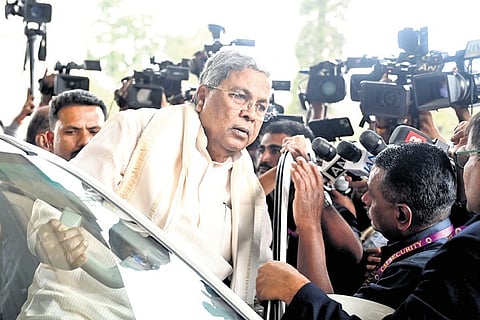 Chief Minister Siddaramaiah leaves Vidhana Soudha after the special cabinet meeting in Bengaluru on Wednesday.