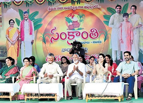 Chief Minister Nara Chandrababu Naidu, along with his family members and others, celebrates Sankranti at his native village Naravaripalle on Tuesday.