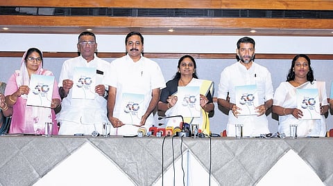 Mayor V K Minimol, Deputy Mayor Deepak Joy and standing committee chairpersons Shakritha, P M Naseema, T K Ashraf, Antony Painuthara, Jismi Gerald, Seena and K A Manaf during the launch of Kochi corporation’s 50-day action plan on Tuesday