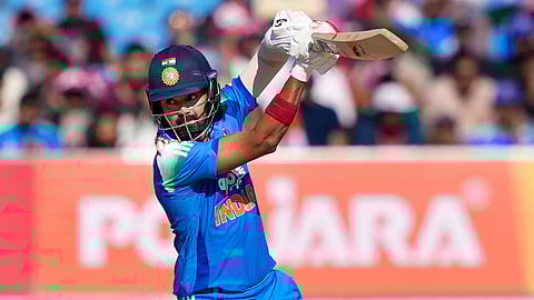 KL Rahul plays a shot during the second ODI between India and New Zealand at Niranjan Shah Stadium in Rajkot (Photo | PTI)