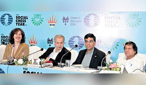 President of FIDE Arkady Dvorkovich and chess legend Viswanathan Anand with founder of KIIT Achyuta Samanta and deputy chair of FIDE Dana Reizniece.