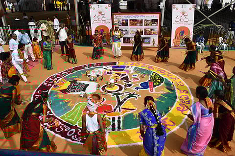 The festival atmosphere was marked by bonfires, sugarcane decorations, gobbemmalu, and colorful rangoli patterns that reflected the essence of Sankranti.