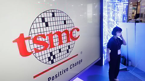 This photo shows the logo of TSMC (Taiwan Semiconductor Manufacturing Company) during the Taiwan Innotech Expo at the World Trade Center in Taipei, Taiwan, Oct. 14, 2022.