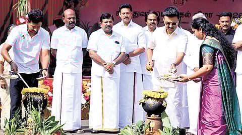 Chief Minister MK Stalin and Deputy Chief Minister Udhayanidhi Stalin celebrate Pongal festival at the Secretariat on Wednesday.