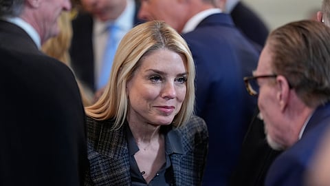 US Attorney General Pam Bondi arrives before President Donald Trump speaks during an event in the East Room of the White House, Thursday, Jan. 15, 2026, in Washington.