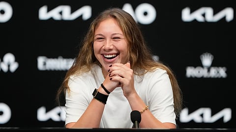 Amanda Anisimova of the United States reacts during a press conference ahead of the Australian Open tennis championship in Melbourne, Australia, Friday, Jan. 16, 2026.