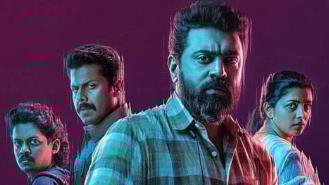 Sangeeth Prathap, Abhimanyu Thilakan, Nivin Pauly, and Lijomol Jose in Baby Girl poster (L-R)
