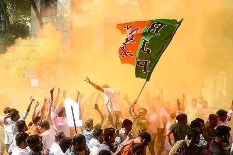 Navi Mumbai: BJP workers celebrate a party's candidate's victory in the Navi Mumbai Municipal Corporation (NMMC) elections, at Kopar Khairane, in Navi Mumbai, Maharashtra, Friday, Jan. 16, 2026.