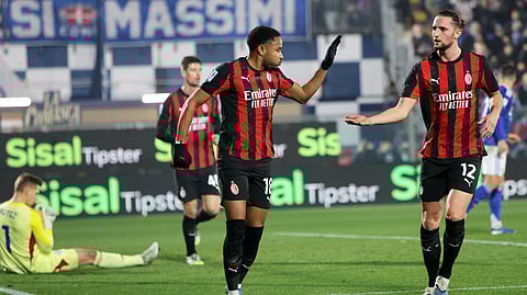 AC Milan's Christopher Nkunku celebrates scoring during the Serie A soccer match between Como and Milan in Como, Italy, Thursday Jan. 15, 2026.
