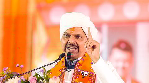 Maharashtra Chief Minister Devendra Fadnavis speaks during a BJP rally ahead of the civic body elections in Solapur.