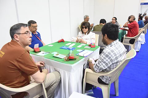 EA Bridge team-members Kavita Singhania and Krzysztof Buras play against Bangur Cement’s Debashish Ray and Arya Chakraborthy at the Madras Gymkhana Club bridge event on Friday