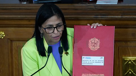 Venezuela's acting President Delcy Rodriguez delivers her first state of the union address at the National Assembly in Caracas, Venezuela, Thursday, Jan. 15, 2026.