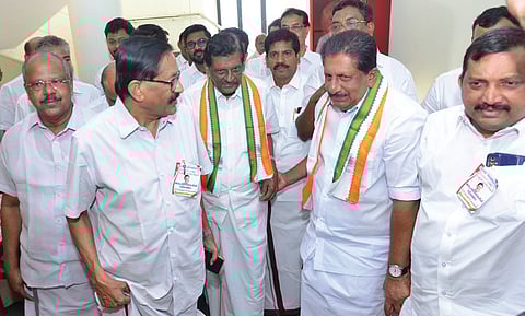 Kerala Congress chairman P J Joseph arriving to inaugurate the party’s state convention in Kottayam on Friday.