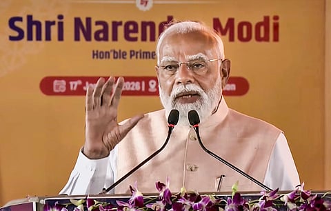 Prime Minister Narendra Modi addresses a public meeting, in Malda, West Bengal. Modi on Saturday unveiled rail and road infrastructure projects worth Rs 3,250 crore.
