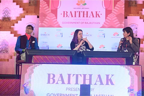 Scholar Makarand Paranjape, historian Alex von Tunzelmann, and author-playwright Kishwar Desai at the session