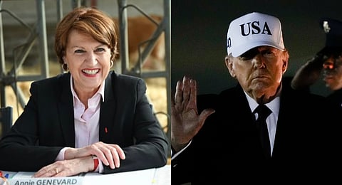 French Agriculture Minister Annie Genevard (L) and US President Donald Trump (R).