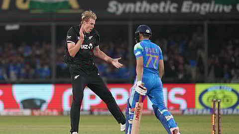 Kyle Jamieson celebrates the wicket of Shubman Gill on Sunday.