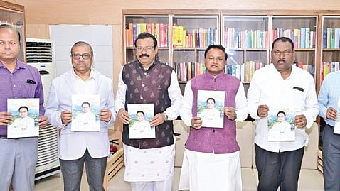 Chief Minister Mohan Charan Majhi releasing ‘Pragati Prabaha’ at his official residence in Bhubaneswar on Sunday | Express