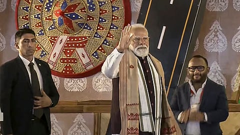 Prime Minister Narendra Modi, centre, during the 'Bhoomi Pujan' ceremony of the Kaziranga Elevated Corridor Project, in Kaliabor, Assam.