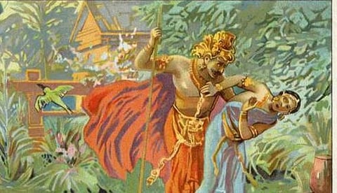 In Valmiki’s Ramayana, Ravan drags Sita away by her hair and holds her in his arms