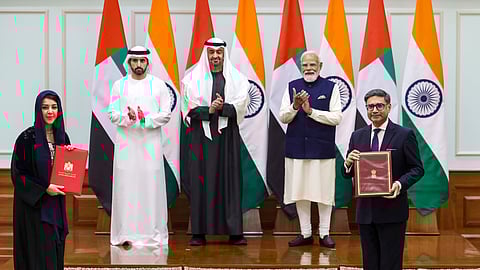 In this image received on Jan. 19, 2026, Prime Minister Narendra Modi and UAE President Sheikh Mohamed bin Zayed Al Nahyan witness an MoU exchange in New Delhi. Foreign Secretary Vikram Misri is also seen.