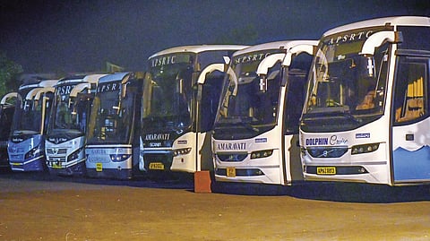 Buses kept ready as APSRTC resumes its services to Telangana state from AP.
