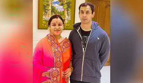 Samajwadi Party founder Mulayam Singh Yadav's son Prateek Yadav (R) with his wife Aparna Yadav.